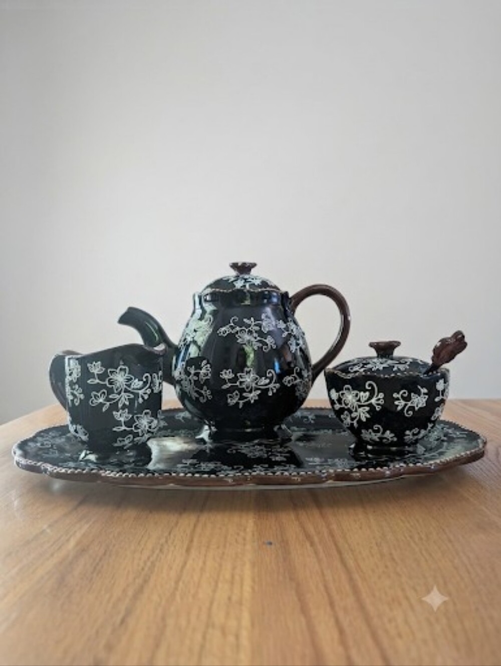 Temp-Tations By Tara Black & White Floral Tea Set Tray Teapot Creamer Sugar